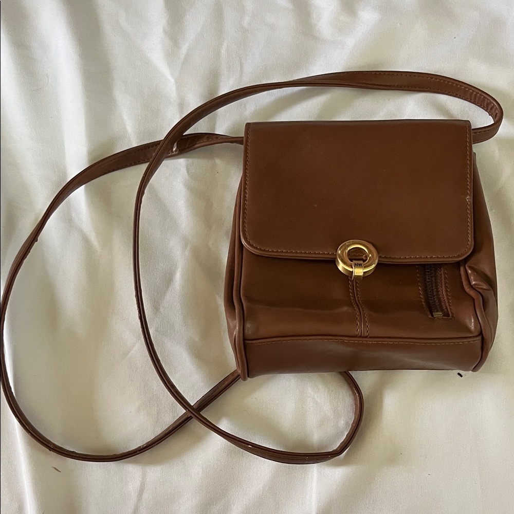 Nine West Brown Leather Crossbody with Gold Ring Accent - Picture 1 of 6